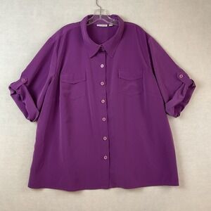 Susan Graver Shirt Womens Plus 3X Purple Button Front Roll Tab Sleeves Pockets
